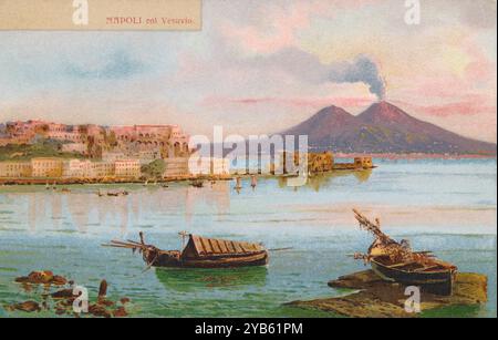 Vintage italien illustré chromo-litho carte postale de la baie de Naples et du volcan Vésuve. Banque D'Images