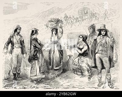 Femmes et hommes portant des costumes traditionnels siciliens, île de Sicile, Italie. Dessin d'Adolphe Rouargue (1810-1870) d'un mois en Sicile, 1843 de Felix Bourquelot (1815-1868) le Tour du monde 1860 Banque D'Images