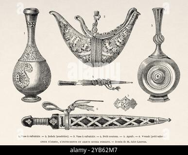 Armes, instruments et objets persans anciens. 1,3 ancien vase islamique en céramique persane. 2 Debeh (flacon de poudre persane antique) 4 petit couteau. 5Clip. 6 Kamah (petite épée) Iran. Dessin de Jules Laurens (1825-1901) voyage en Perse, 1855-1858 d'Arthur de Gobineau (1816-1882) le Tour du monde 1860 Banque D'Images