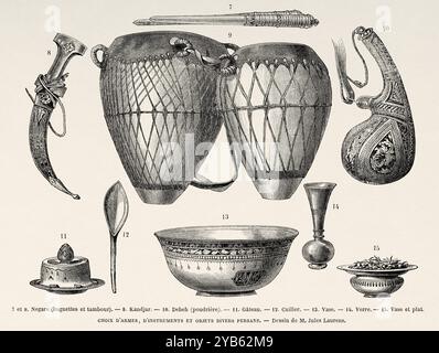Armes, instruments et objets persans anciens. 7 et 9 Negare (bâtons et tambour) 8. Kandjar. 10 Debeh (flacon de poudre persane antique) 11 gâteau. 12 cuillère. 13 vase. 14 verre. 15. Vase et assiette. Iran. Dessin de Jules Laurens (1825-1901) voyage en Perse, 1855-1858 d'Arthur de Gobineau (1816-1882) le Tour du monde 1860 Banque D'Images