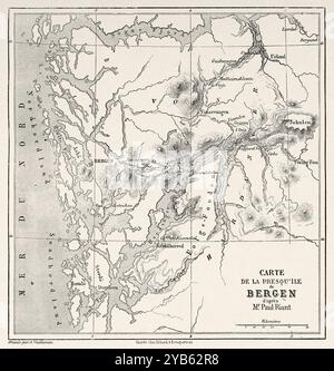 Carte ancienne du diocèse de Bergen, Norvège. Voyage dans les États scandinaves, Diocèse de Bergen, 1858 par Paul riant (1836-1888) le Tour du monde 1860 Banque D'Images