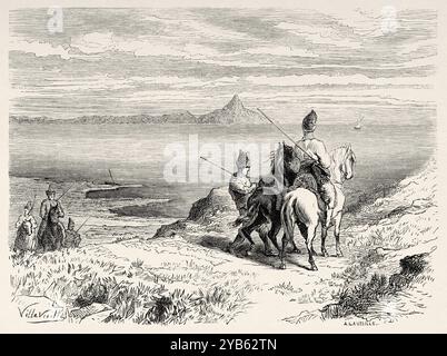 Vue générale du mont Athos, péninsule d'Athos. Grèce. Dessin de Joseph Villevieille (1829-1916) voyage au Mont Athos, 1858 par Antonin Proust (1832-1905) le Tour du monde 1860 Banque D'Images