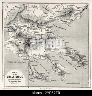 Carte de la Chalcidique pour aider Proust à se rendre au Mont Athos. Grèce. Voyage au Mont Athos, 1858 par Antonin Proust (1832-1905) le Tour du monde 1860 Banque D'Images