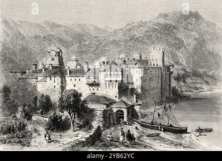 Monastère Saint d'Esphigmenou, Mont Athos. Grèce. Dessin de Karl Girardet (1813-1871) voyage au Mont Athos, 1858 par Antonin Proust (1832-1905) le Tour du monde 1860 Banque D'Images