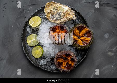 Fruits de mer crus, oursins exposés avec du caviar sur glace sur une plaque de mica noir sur un fond sombre. Photo de haute qualité Banque D'Images