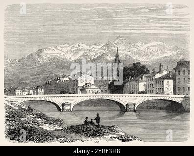 Vue générale panoramique de la ville française de Grenoble et des Alpes Dauphinées en arrière-plan, département de l'Isère. France. Dessin de Karl Girardet (1813-1871) excursions dans le Dauphiné, 1850-1860 d'Adolphe Joanne (1813-1881) le Tour du monde 1860 Banque D'Images