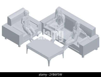 Modèle polygonal de personnes assises sur un canapé et une chaise à table. Vue isométrique. Illustration vectorielle. 3D. Illustration de Vecteur