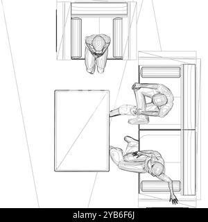 Aperçu des personnes assises sur le canapé et la chaise à la table. Vue de dessus. Illustration vectorielle. Illustration de Vecteur