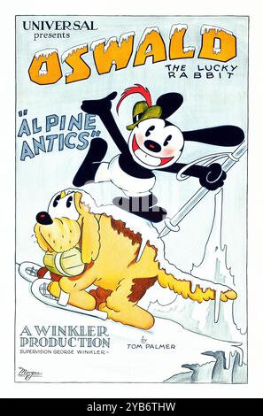 Affiche des années 1920 - Oswald le lapin chanceux dans Alpine Antics (Universal, 1929) créé par Walt Disney. Ce personnage ressemblait à sa création ultérieure, l'emblématique « Mickey Mouse » Banque D'Images