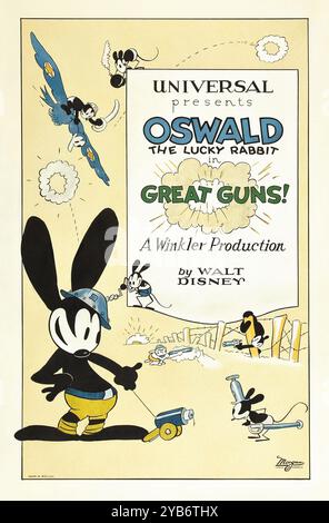 Affiche des années 1920 - Oswald le lapin chanceux dans Great Guns! (Une production Winkler, Universal, 1927) avant Mickey Mouse, Walt Disney a travaillé pour Universal studios, il a fait équipe avec Ub Iwerks pour créer ce personnage, Oswald le lapin chanceux, qui a débuté en 1927 Banque D'Images