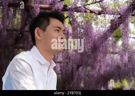 Profil de visage latéral de beau jeune homme asiatique souriant, au jardin Purple Wisteria Banque D'Images