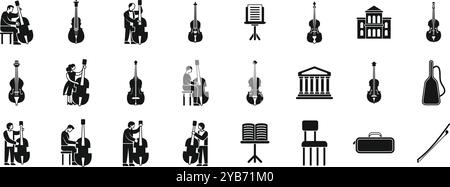 Icônes de la contrebasse définies. Musiciens jouant et apprenant des instruments de contrebasse icônes ensemble. Ensemble simple de musiciens jouant et apprenant des icônes vectorielles d'instruments de contrebasse pour la conception Web Illustration de Vecteur