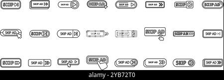 Ignorer les icônes de publicité définies. Collection de divers boutons de saut d'annonce montrant le curseur cliquant pour sauter les annonces Illustration de Vecteur