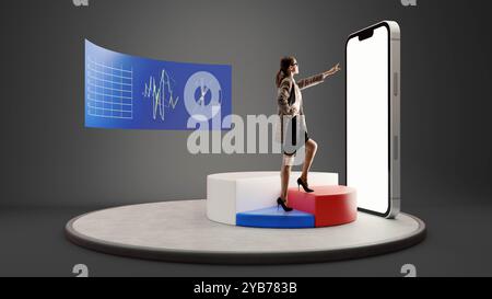 Avec en toile de fond des graphiques et des graphiques, la femme professionnelle présente des idées, debout sur des blocs rouges, bleus et blancs gras. Rendu 3D. Banque D'Images