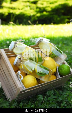 Limonade rafraîchissante à la menthe et aux fruits frais dans une caisse en bois sur herbe verte en extérieur Banque D'Images