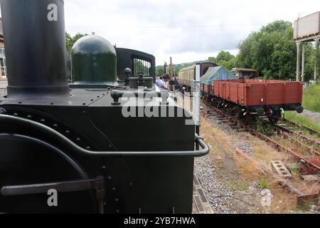 Le char valise no 1369 du GWR arrive à la gare de Totnes Riverside sur le South Devon Railway avec un train de marchandises de démonstration. Banque D'Images