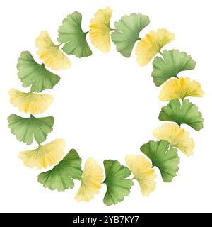 Ginkgo biloba, arbre maidenhair vif vert et jaune couronne de feuilles. Cadre aquarelle texturé détaillé peint à la main de haute qualité parfait pour les cartes Banque D'Images