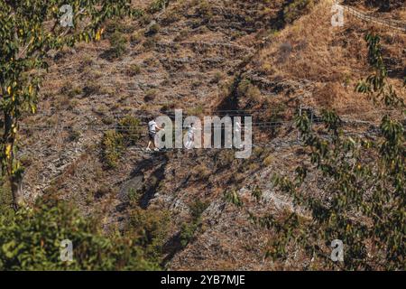 Sasso di Castalda, Italie - août 2024 : une vue aérienne capture une longue passerelle suspendue s'étendant sur un terrain rocheux avec un vert environnant A. Banque D'Images