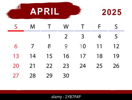 Avril 2025 calendrier mensuel simple. Début du dimanche. Conception vectorielle Illustration de Vecteur