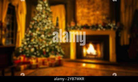 Arrière-plan de l'intérieur de la maison décoré sur les vacances de Noël, salon avec cheminée et arbre de Noël la nuit. Concept de Noël, maison, décor. Banque D'Images