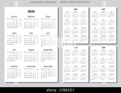 2025, 2026, 2027, 2028, 2029 ans calendriers allemands verticaux avec ombre. Ensemble d'illustration vectorielle imprimable pour l'Allemagne Illustration de Vecteur
