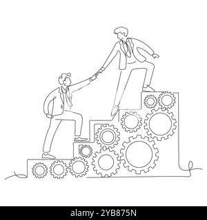 Simple une ligne montrant deux hommes d'affaires arabes s'aidant l'un l'autre pour monter à pile de rouages. Travail d'équipe les gens font confiance au travail d'équipe d'assistance. Illustration de Vecteur