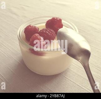 La crème aux oeufs est un dessert traditionnel français composé d’œufs, de lait et de vanille. C'est dans un ramequin avec quatre framboises et une cuillère sur le dessus Banque D'Images