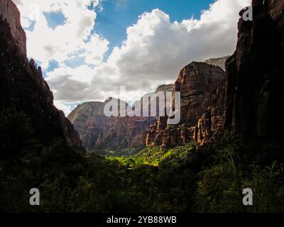 Vue spectaculaire sur le canyon de Zion et ses falaises imposantes vues depuis le rocher pleureur, dans le parc national de Zion Banque D'Images