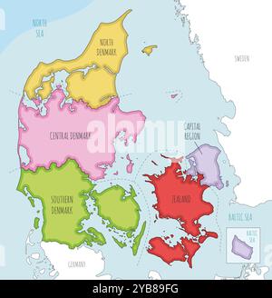Carte illustrée vectorielle du Danemark avec les régions et les divisions administratives, et les pays et territoires voisins. Modifiable et clairement étiqueté Illustration de Vecteur