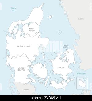 Carte vectorielle du Danemark avec les régions et divisions administratives, et les pays et territoires voisins. Calques modifiables et clairement étiquetés. Illustration de Vecteur