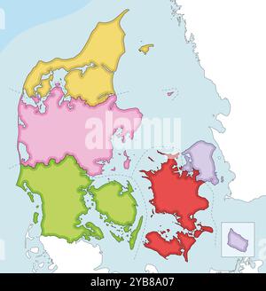 Vecteur illustré carte blanche du Danemark avec les régions et les divisions administratives, et les pays et territoires voisins. Modifiable et clairement la Illustration de Vecteur