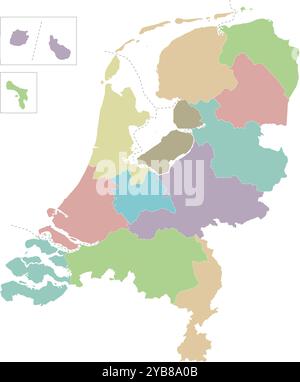 Carte blanche régionale vectorielle des pays-Bas avec les provinces, les municipalités spéciales des Caraïbes et les divisions administratives. Modifiable et clairement étiqueté l Illustration de Vecteur