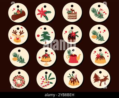 Étiquettes cadeau dessinées à la main de Noël ensemble avec des éléments d'hiver. Conception vectorielle pour l'emballage de cadeaux. Illustration de Vecteur