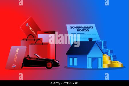 Infographie comparant les symboles d'investissement comme les maisons, l'or, l'argent comptant avec des icônes de consommation comme les sacs à provisions, les cartes de crédit, les voitures de sport Illustration de Vecteur