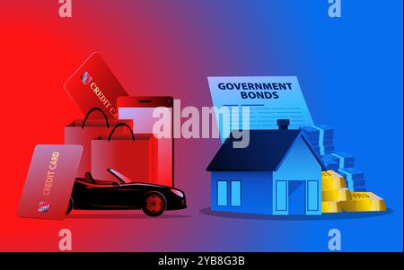 Infographie comparant les symboles d'investissement comme les maisons, l'or, l'argent comptant avec des icônes de consommation comme les sacs à provisions, les cartes de crédit, les voitures de sport. Idéal pour showi Illustration de Vecteur