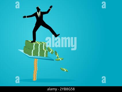 Homme d'affaires luttant pour garder son équilibre sur une pile de billets de banque soutenus par des pièces de monnaie. Symbolisant l'instabilité financière, trop grande trop rapide Illustration de Vecteur