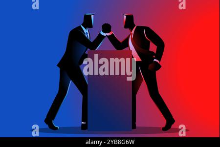 Illustration vectorielle de deux hommes d'affaires engagés dans un match de lutte à la main, symbolisant la concurrence, la rivalité, les luttes de pouvoir, les environnements compétitifs Illustration de Vecteur