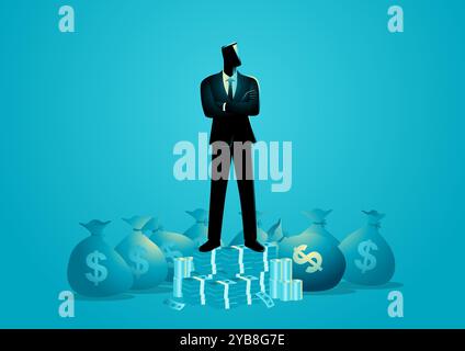 Homme d'affaires debout avec les bras croisés sur une pile d'argent, entouré de sacs d'argent. Parfait pour les thèmes liés à la réussite financière, la richesse, entrep Illustration de Vecteur