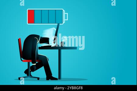 Homme d'affaires travaillant fatigué sur l'ordinateur avec une icône de batterie faible, représentant les thèmes de l'épuisement professionnel, déséquilibre de la vie professionnelle et de l'épuisement Illustration de Vecteur