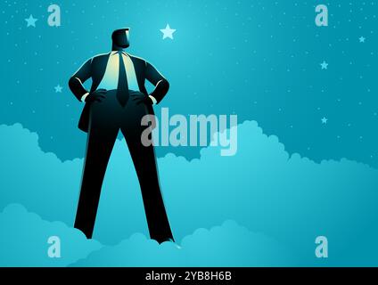 Homme d'affaires confiant debout avec les mains sur les hanches, entouré d'étoiles. Concepts d'autorité, de force et de leadership. Illustration de Vecteur