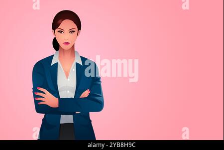 Belle femme d'affaires en costume formel élégant pliant en toute confiance ses mains contre un fond rose doux pour l'espace de copie. Illustration de Vecteur