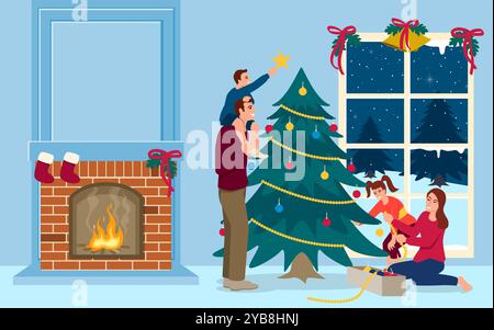 Illustration de dessin animé d'une famille heureuse se réunissant chaleureusement pour décorer un arbre de Noël, parfait pour les cartes de voeux et les thèmes de vacances. Illustration de Vecteur
