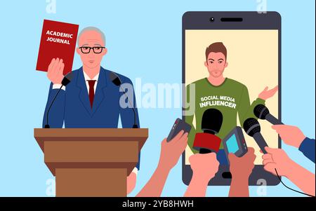 Une simple illustration de dessin animé plat montre que de nos jours, les gens font confiance aux influenceurs des médias sociaux plus qu'aux experts. Illustration de Vecteur