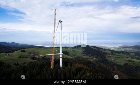 Fribourg, Allemagne. 17 octobre 2024. Une grue lève la troisième pale de rotor d'une nouvelle éolienne sur le Holzschlägermatte sur le Schauinsland. La turbine devrait fournir trois fois la puissance de la turbine précédente, qui a été démolie l'année dernière après 20 ans d'exploitation. Crédit : Philipp von Ditfurth//dpa/Alamy Live News Banque D'Images