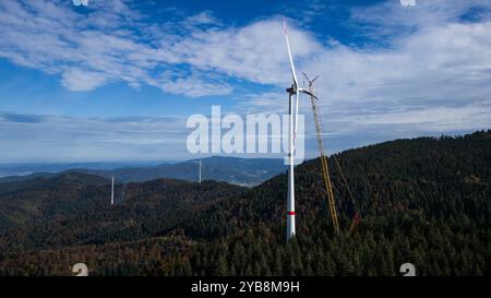 Fribourg, Allemagne. 17 octobre 2024. Une grue lève la troisième pale de rotor d'une nouvelle éolienne sur le Holzschlägermatte sur le Schauinsland tandis qu'une éolienne plus petite peut être vue à côté et une autre éolienne en construction à l'arrière-plan. La turbine devrait générer trois fois plus de puissance que la turbine précédente, qui a été démolie l'année dernière après 20 ans d'exploitation. Crédit : Philipp von Ditfurth//dpa/Alamy Live News Banque D'Images