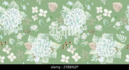 Motif hortensia sans couture. Illustration aquarelle de l'hortensia bleue et de la baie de neige. L'illustration est dessinée à la main. Convient pour le décor et les textiles. Banque D'Images