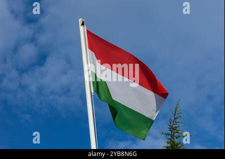 Le drapeau hongrois, orné de rayures rouges, blanches et vertes, scintille gracieusement au vent, sur fond de ciel bleu éclatant et vert Banque D'Images