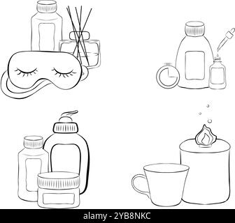 Ensemble de compositions cosmétiques pour flacons pour soins de beauté et de nettoyage, pour soins de la peau et du corps. Nature morte avec des produits de beauté. Illustration vectorielle dans sket dessiné à la main Illustration de Vecteur