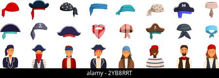 Jeu d'icônes de bandana pirate. Divers groupes de personnes portent divers chapeaux de pirate et bandanas, présentant différents styles et couleurs associés au thème des pirates Illustration de Vecteur