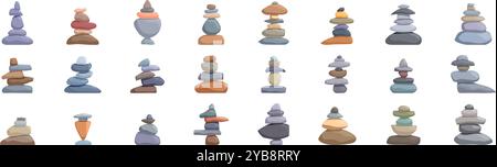 Jeu d'icônes de pierre d'équilibrage. Ensemble de pierres différentes équilibrant les unes sur les autres créant une atmosphère zen, illustration parfaite pour la détente ou la méditation Illustration de Vecteur